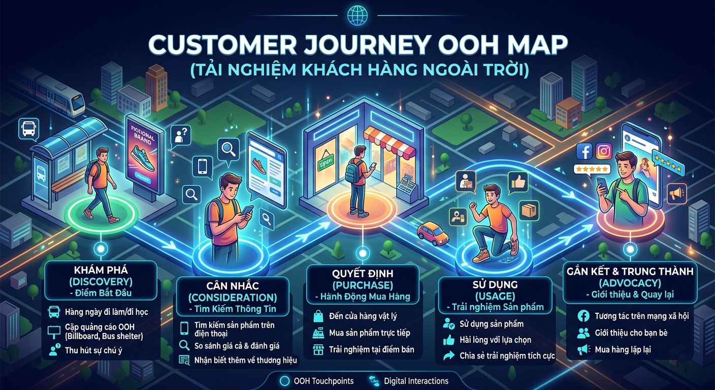 Sơ đồ hành trình khách hàng ngoài trời (Customer Journey OOH Map) qua 5 giai đoạn: Khám phá, Cân nhắc, Quyết định, Sử dụng và Gắn kết