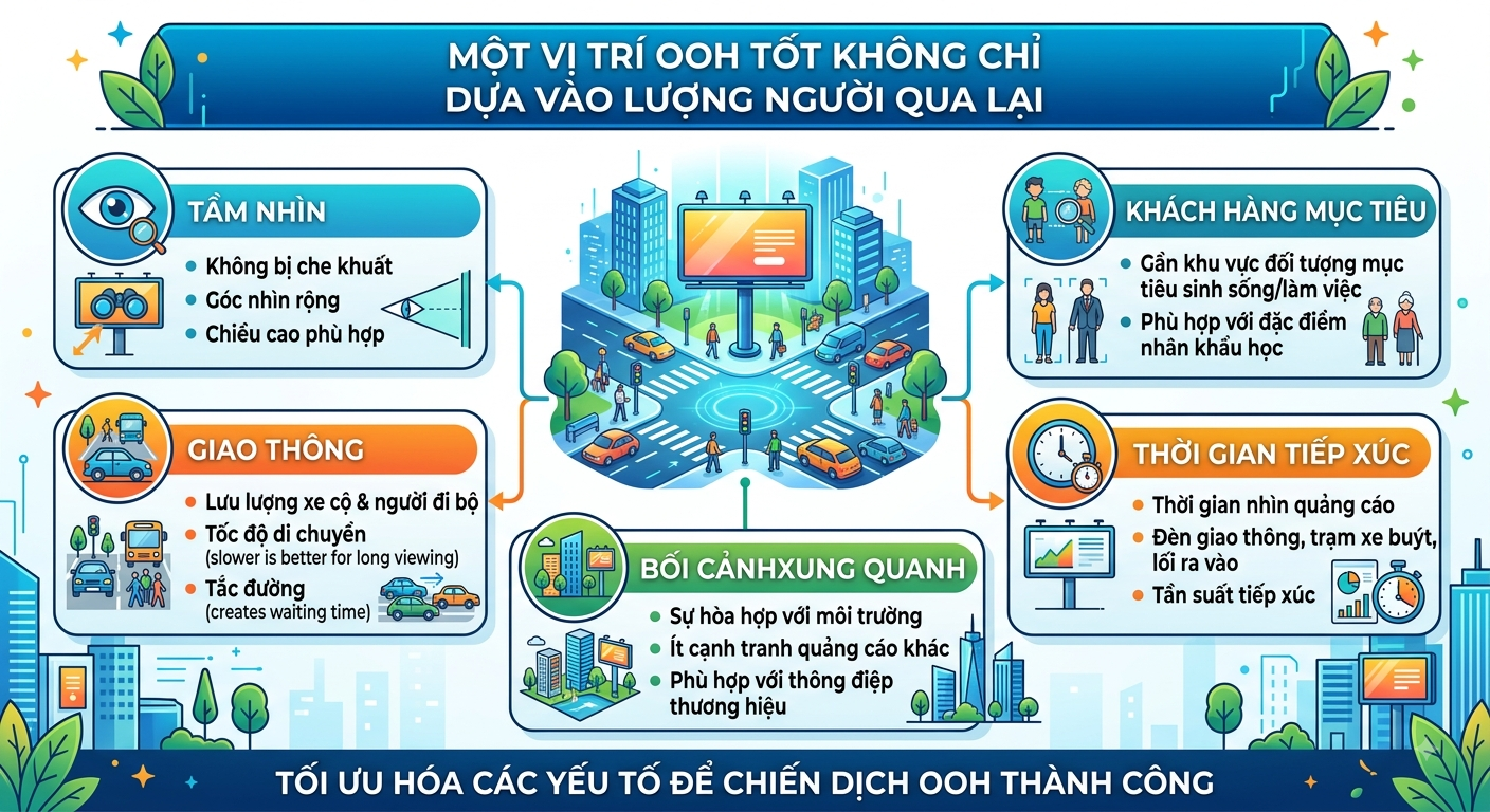 Lượng traffic lớn chưa đủ! Khám phá 5 yếu tố quyết định vị trí quảng cáo OOH đắc địa: tầm nhìn, thời gian tiếp xúc, khách hàng mục tiêu & bối cảnh.