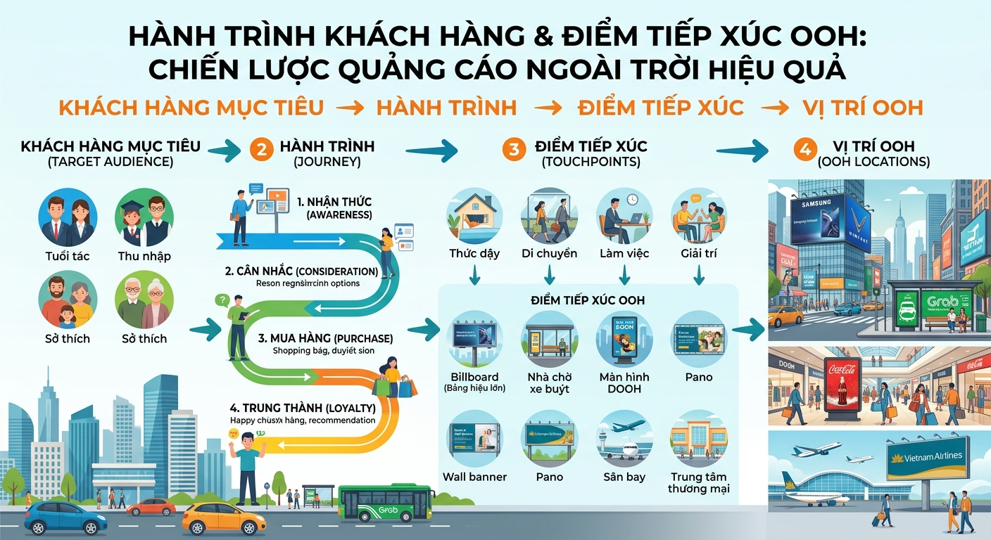 Khám phá quy trình 4 bước tối ưu chiến dịch OOH: Xác định khách hàng mục tiêu, vẽ hành trình di chuyển, lựa chọn điểm tiếp xúc và vị trí đặt quảng cáo ngoài trời hiệu quả nhất.