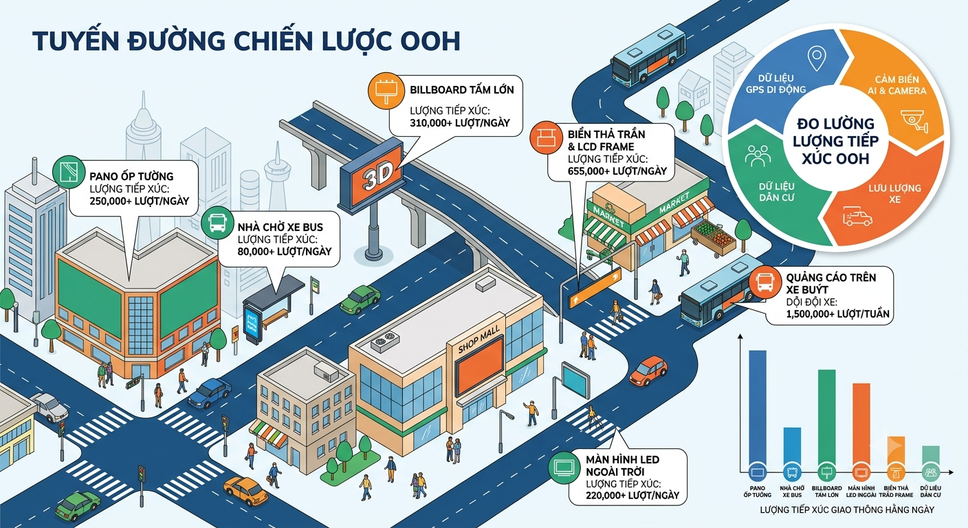 Sơ đồ tuyến đường minh họa các vị trí quảng cáo OOH như Pano ốp tường, Billboard 3D, Màn hình LED và lượng tiếp xúc giao thông tương ứng.
